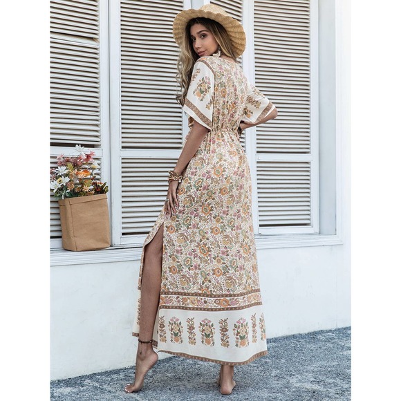 ❗️  Floral Print Trumpet Sleeve Split Thigh Tassel Waist maxi Dress boho pink - Picture 4 of 6